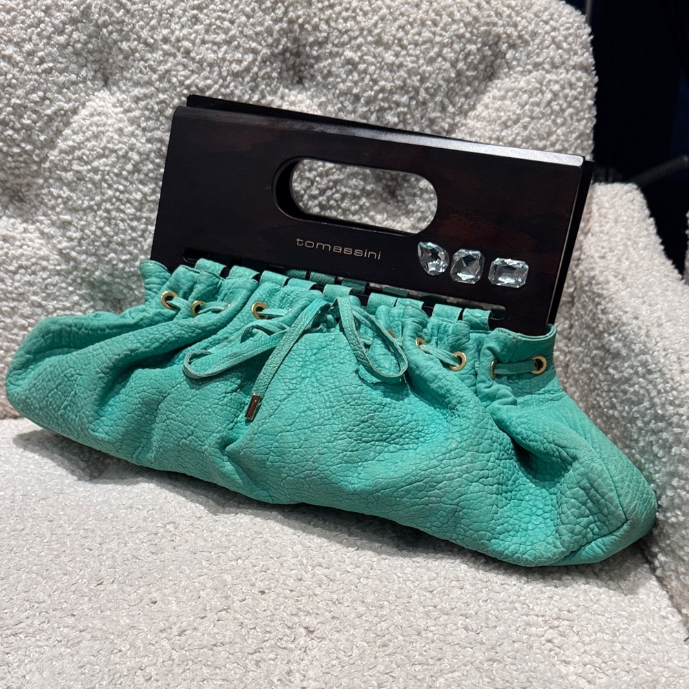 Elegant Turquoise Clutch with Dark Wood Handle & Gemstones